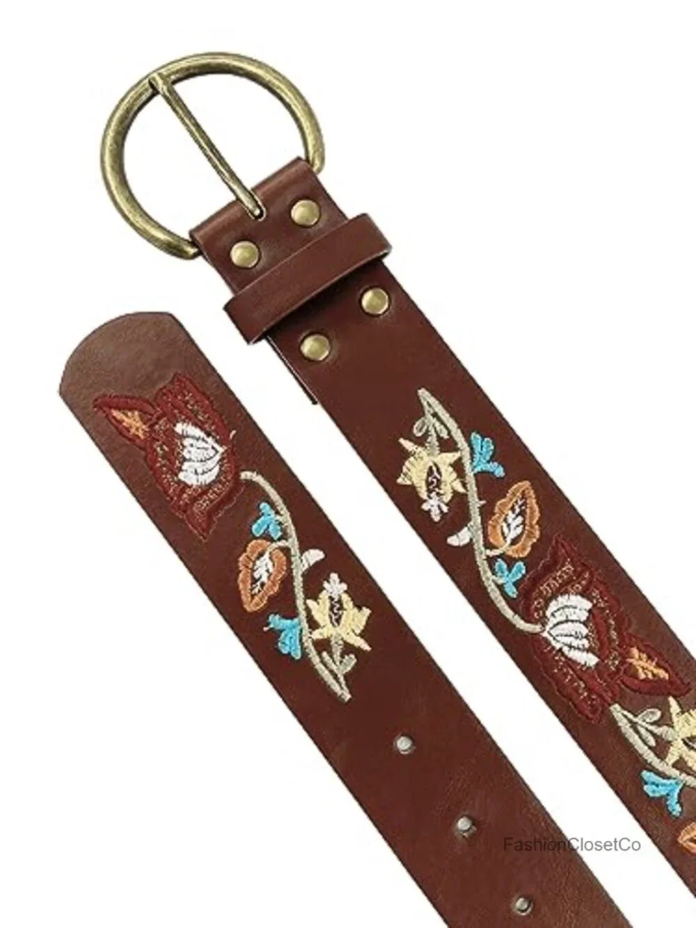Embroidered Floral PU Leather Belt for Women Wide Vintage Boho Waist